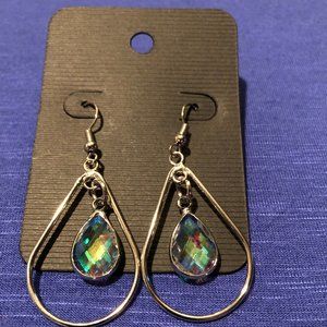 Iridescent Crystal and Silver Oval Hoop Earrings